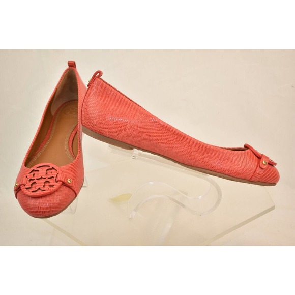 NIB TORY BURCH ORANGE MINI MILLER LIZARD PRINT LEATHER BIG REVA FLATS 8 BRAZIL - Picture 6 of 12